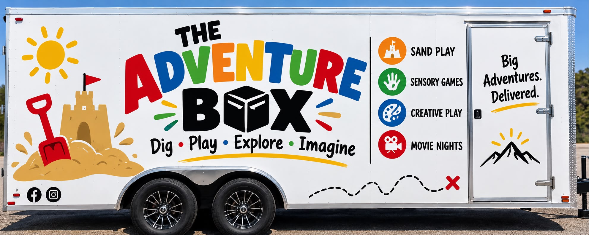 The Adventure Box trailer wrap with sandcastle, sun, and colorful lettering